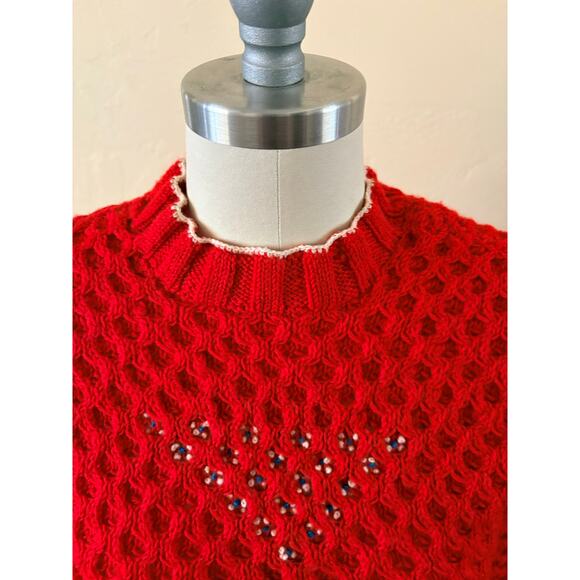 Vintage Red Waffle Knit Sweater Crochet Lace Textured Puff Sleeve Top - Picture 4 of 8